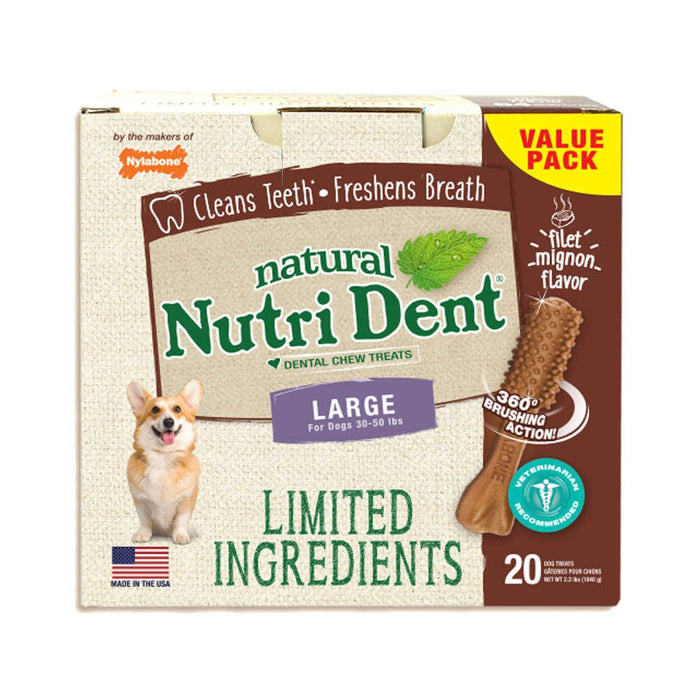 Masticables dentales Nylabone Nutri Dent con ingredientes limitados Filet Mignon grande, 20 unidades