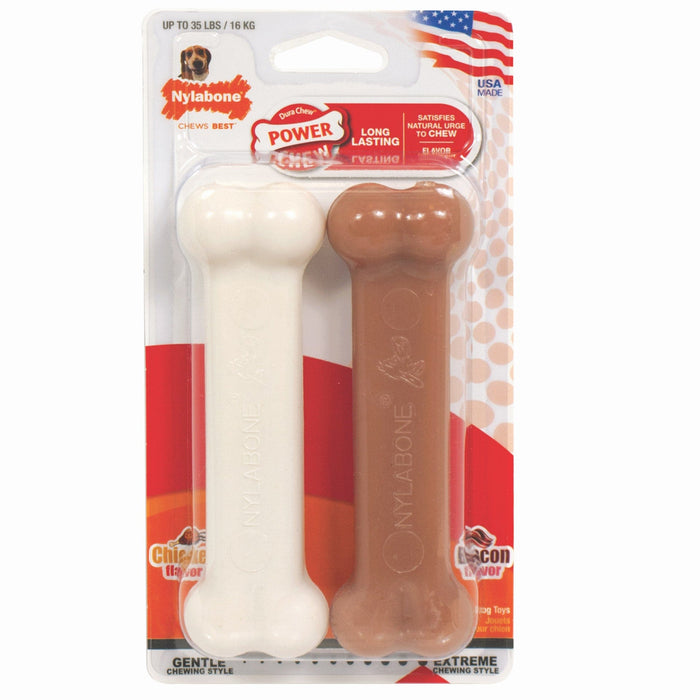 Paquete de 2 juguetes para perros Nylabone Power Chew con tocino y pollo, diseño de lobo