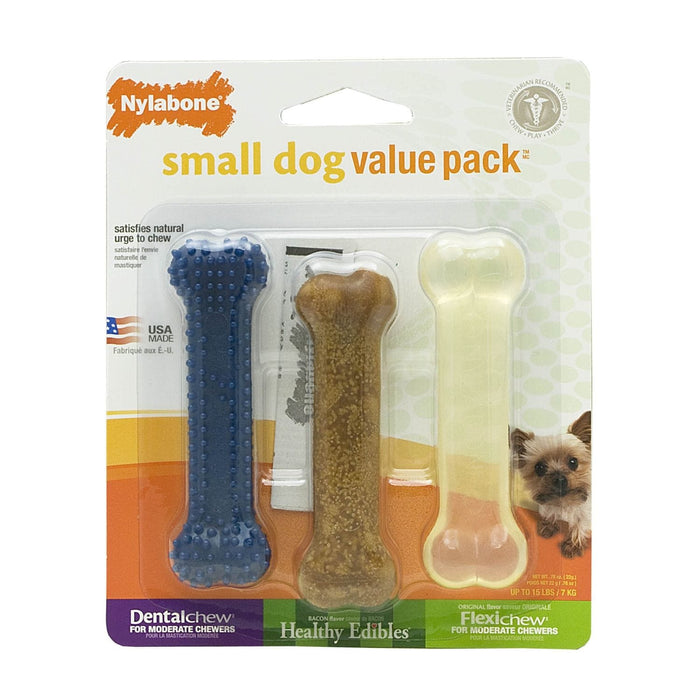 Paquete económico de juguetes masticables para perros pequeños Nylabone, azul, marrón y amarillo, 4,5 x 1,5 x 1,5 pulgadas