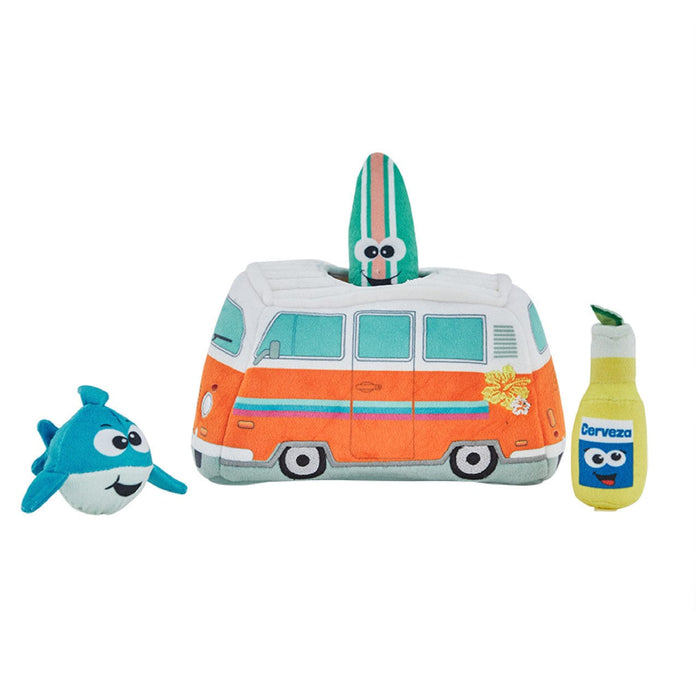 Juguete de peluche para perros Hide A Surf Van de Outward Hound, naranja, azul y blanco, 8,25" x 4" x 5"