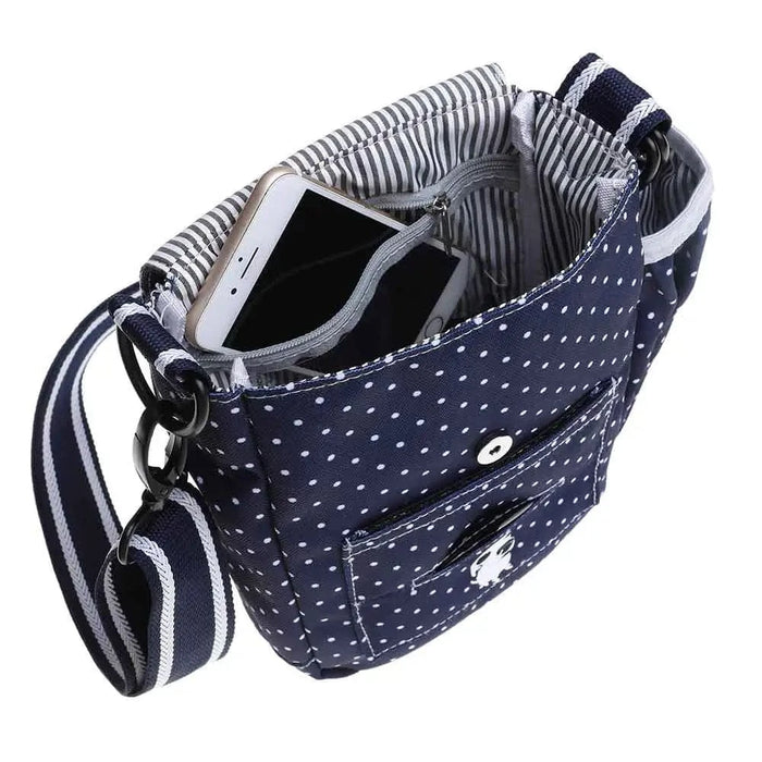 Bolsa para pasear DOOG con lunares azul marino y blanco de 3,5" x 8" x 10"