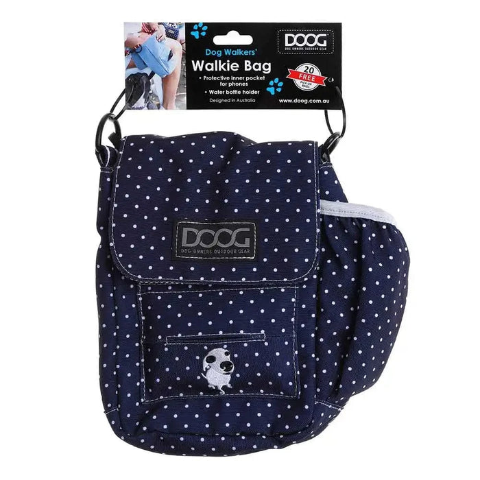 Bolsa para pasear DOOG con lunares azul marino y blanco de 3,5" x 8" x 10"
