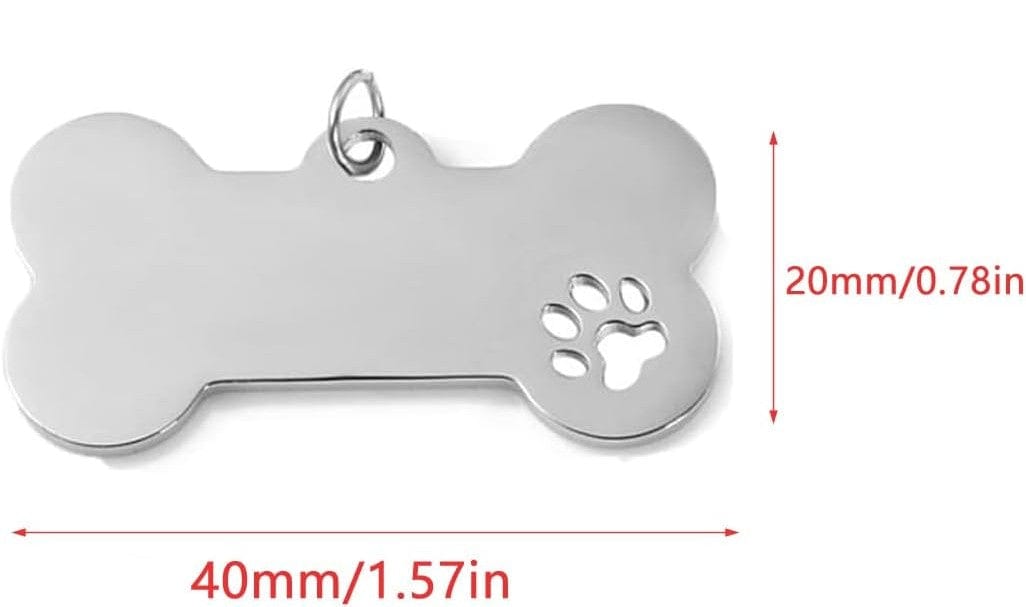 Pet ID Tag Silver Stainless Steel Bone w/ Paw - Dog Tag - Small - Free Engraving