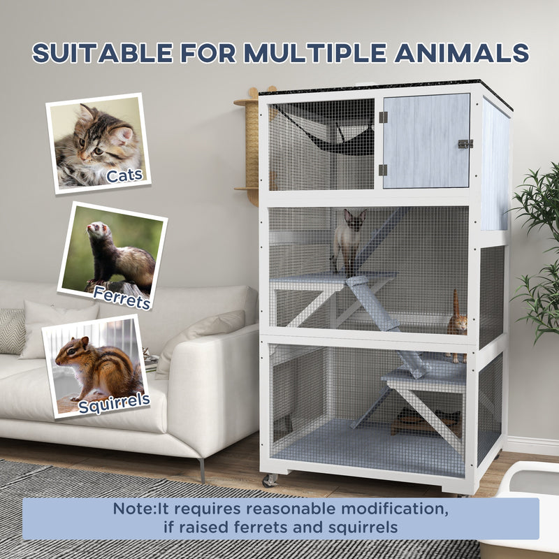 Cat Condo, Outdoor Cat Enclosure House on Wheels with Hammock, Gray