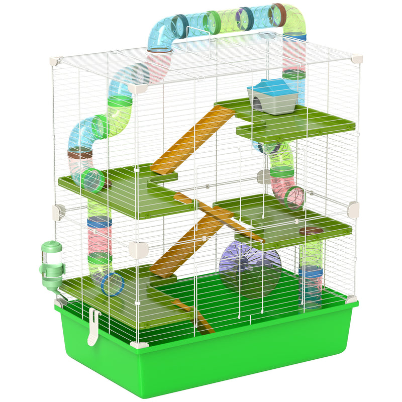 Large  Hamster Cage W/ Water Bottle, Exercise Wheel, Tubes, Ramps - Green