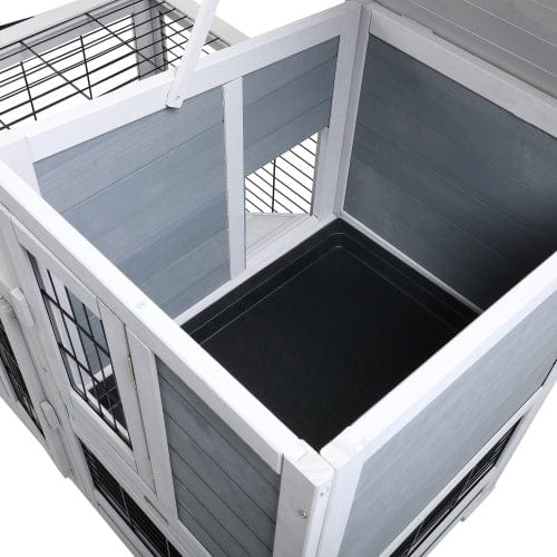 Wooden Rabbit House, Outdoor Pet Rabbit House, Wooden Cage With Ventilated Grid Fence, Openable Door, Cleaning Tray, Grey  - Free Shipping