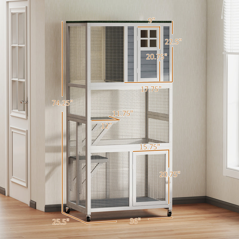 74" Cat Condo Outdoor Cat Enclosure Weatherproof & Wheeled