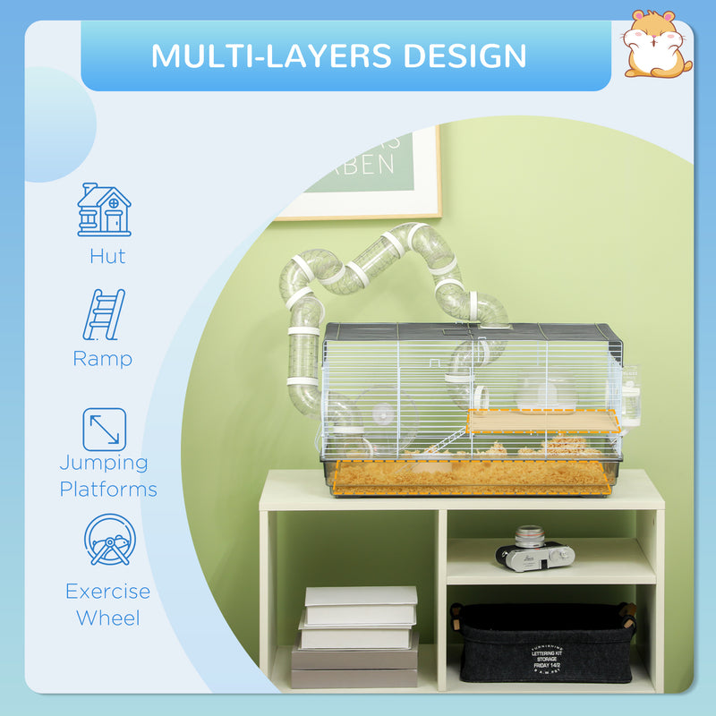 Small Animal Cage for Gerbil or Dwarf Hamster w/ Tubes, Exercise Wheel, Food Dish, Water Bottle, 23" x 13" x 12", Gray