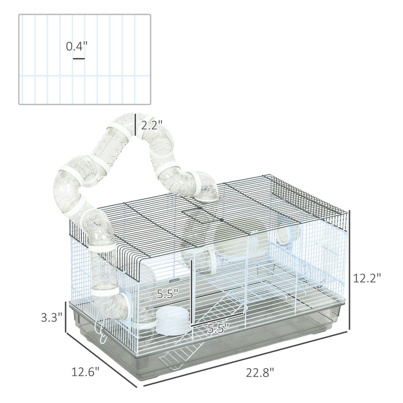 Small Animal Cage for Gerbil or Dwarf Hamster w/ Tubes, Exercise Wheel, Food Dish, Water Bottle, 23" x 13" x 12", Gray