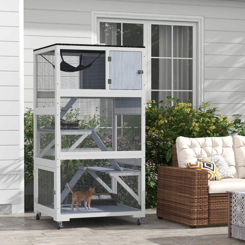 Cat Condo, Outdoor Cat Enclosure House on Wheels with Hammock, Gray