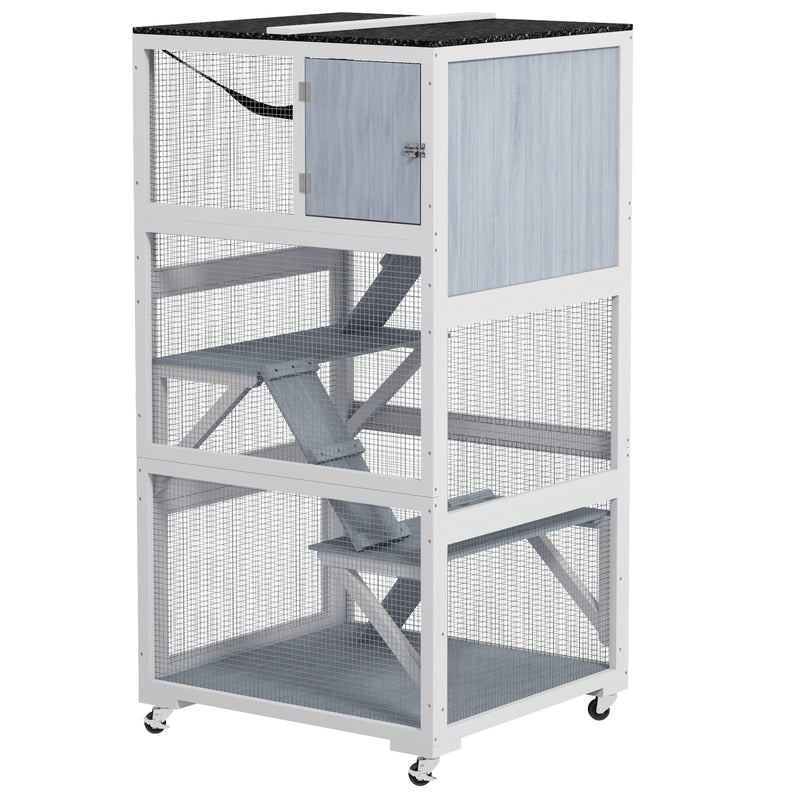 Cat Condo, Outdoor Cat Enclosure House on Wheels with Hammock, Gray