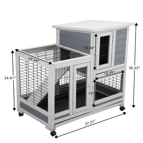 Wooden Rabbit House, Outdoor Pet Rabbit House, Wooden Cage With Ventilated Grid Fence, Openable Door, Cleaning Tray, Grey  - Free Shipping