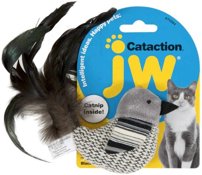 JW Pet Cataction Catnip Black and White Bird Cat Toy With Feather Tail